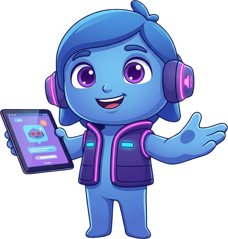 Byte, mascote da Automatizei AI, segurando um tablet com uma conversa de chatbot na tela